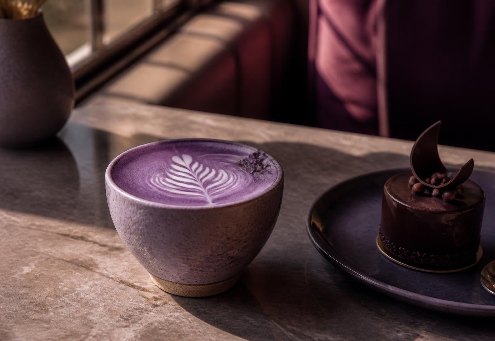Lavender latte and chocolate dessert at Food Therapy